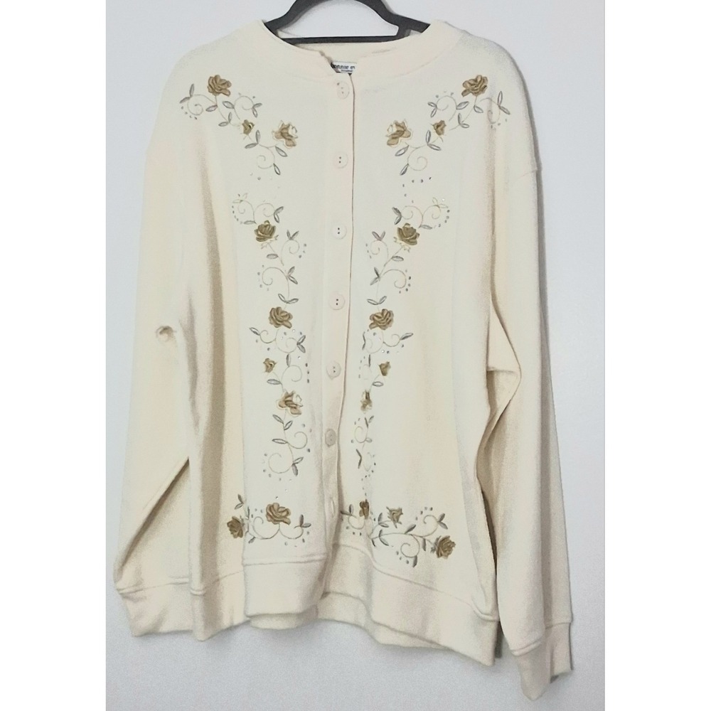 Bonnie Evans Sweater Cardigan Womens Size 2X Button Up Silver & Gold Embroidered